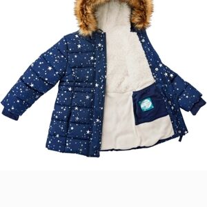 Girls' Navy Star Print Puffer Coat with Faux Fur Hood